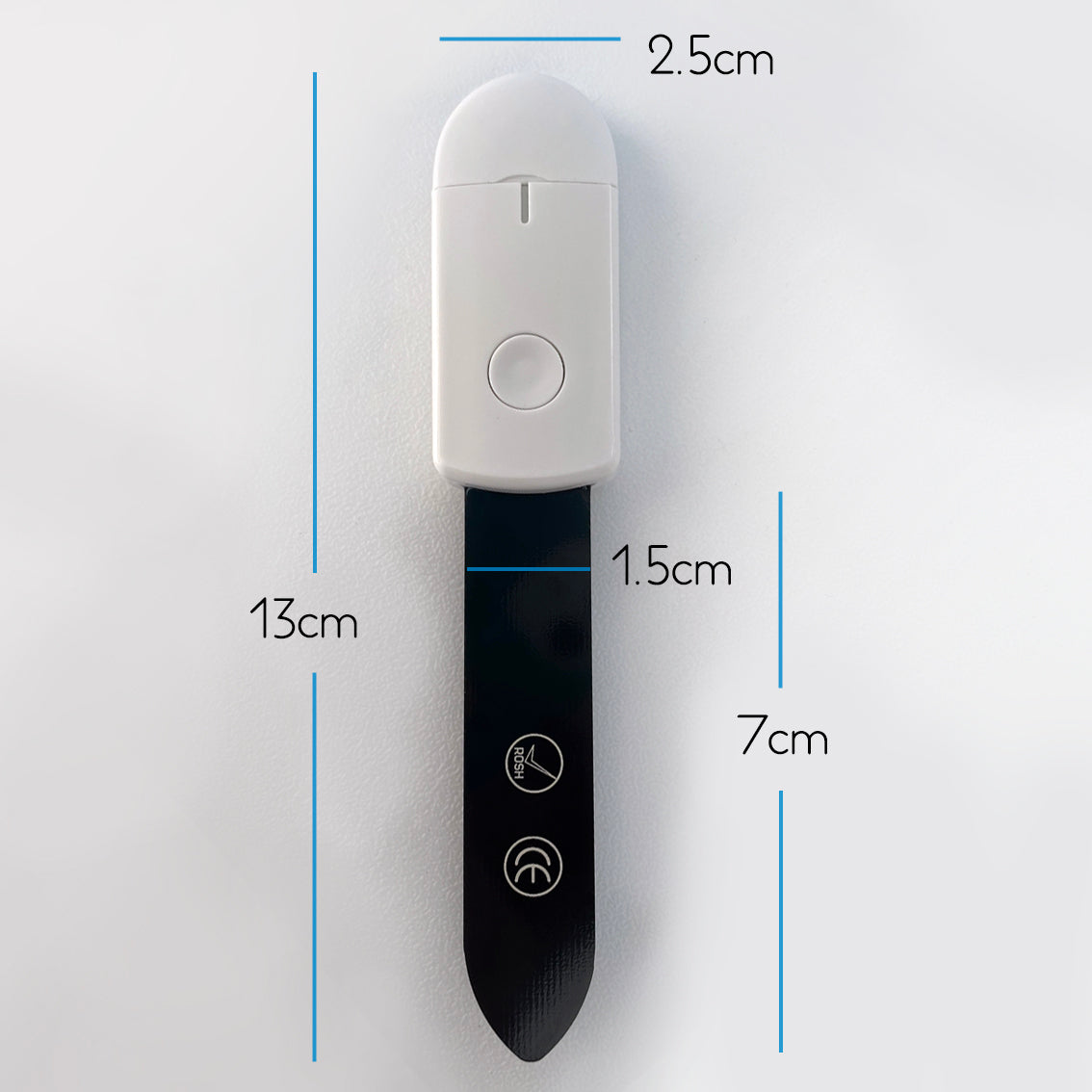 Measurements of the crew water sensor soil moisture meter 13cm long by 1.5cms wide by 1mm thick